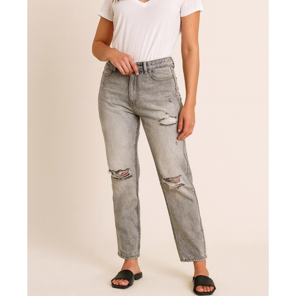 BP Jeans gray grey stone/acid washed distressed straight leg knee hole SZ 27"